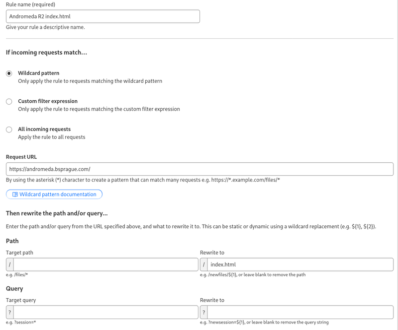 The Cloudflare dashboard showing the URL Rewrite rule configuration page