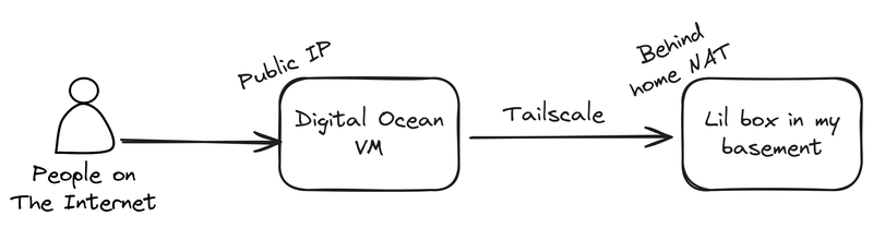 An Excalidraw diagram showing traffic flowing from the internet, through my Digital Ocean VM with a public IP address, to my home basement server over Tailscale.